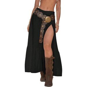 Women's Boho Western Low Rise Maxi Skirt Ruffle High Slit Cowgirl Skirts Black